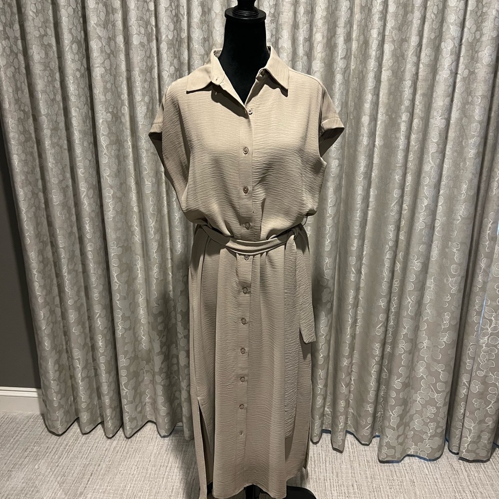 DKNY Beige Midi Button-Down Dress